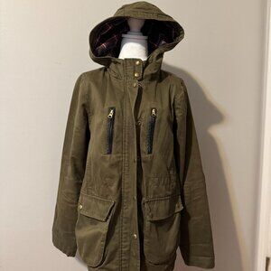 Topshop Army Green Utility Jacket with Plaid Lined Hood & Pockets - Size 8